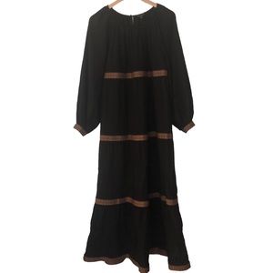 Strut & Bolt maxi dress tiers scoop neck long sleeve embroider trim button cuff